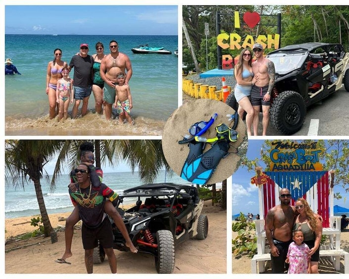 A beach scene with a dune buggy, a sign reading 'I LOVE CRASH BEACH,' and a flag with 'CRASH BEACH ADVENTURE' written on it. 1