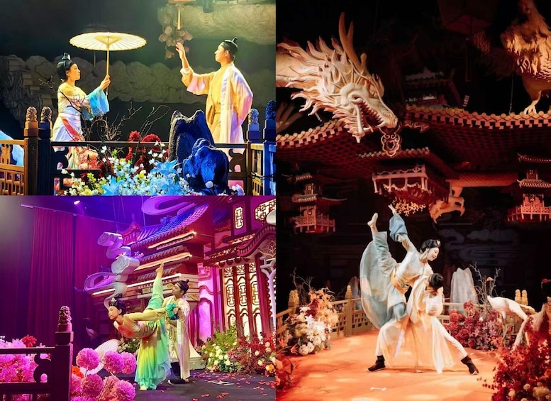 A traditional Chinese opera performance with performers in historical costumes, a dragon sculpture, and a temple-like setting. 5