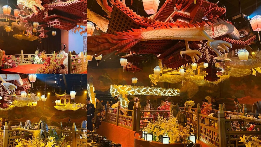 A traditional Chinese festival with dragon and lion dance performances, illuminated lanterns, and floral decorations. 2