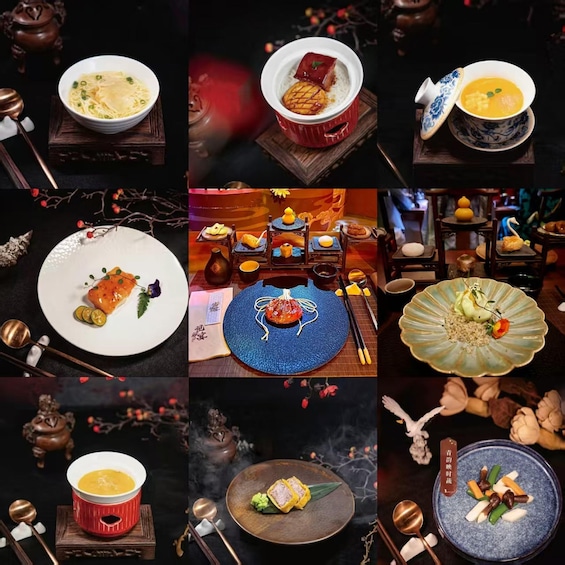 A variety of dishes, including soup, dumplings, and a dessert, served on traditional and modern tableware. 3