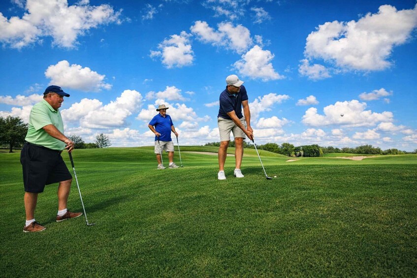 Three people on a golf course with a clear sky. 1