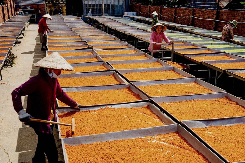 Workers sorting grains in trays at a market. 3