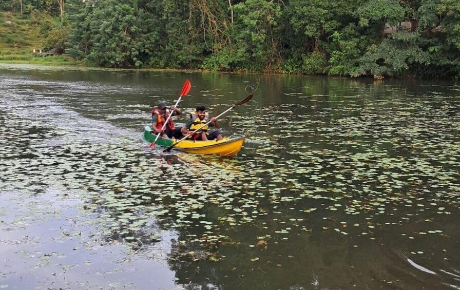 A yellow boat with two paddlers on a calm river surrounded by greenery. 5