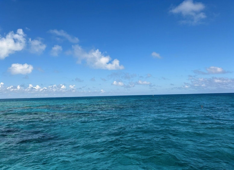 A clear blue sky with scattered clouds over a calm sea. 2