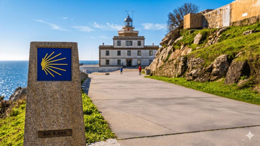 A coastal path leading to a lighthouse, with a distance marker indicating 1000 km. 1