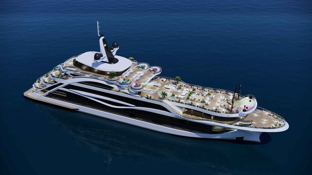Een groot, modern cruiseschip met meerdere dekken en een luxueus ontwerp, dobberend op de oceaan. 1