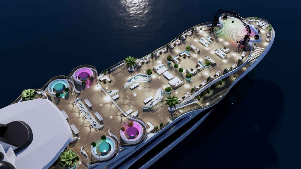 Luchtbeeld van het dek van een cruiseschip met meerdere zwembaden, loungegedeeltes en een podium. 3