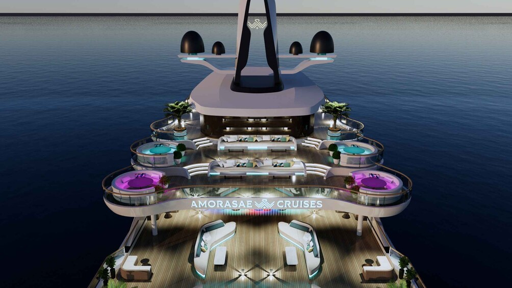 Een luxueus dek van een cruiseschip met verschillende zitgedeeltes, een centraal loungeruimte en het herkenbare logo 'AMORASAFA Cruises'. 5