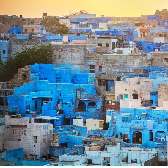 A densely packed urban area with buildings painted in various shades of blue. 1