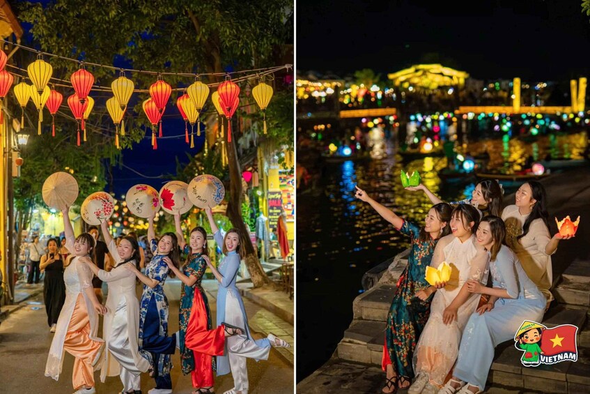 A group of people in traditional attire, holding fans and posing in an outdoor setting with string lights and a waterway in the background. 5