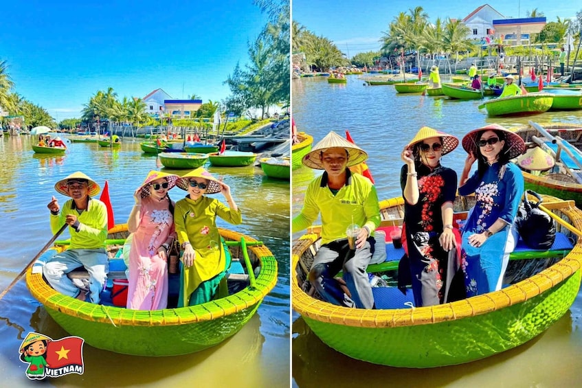 People in a green boat on a calm waterway, surrounded by other boats and palm trees. 2