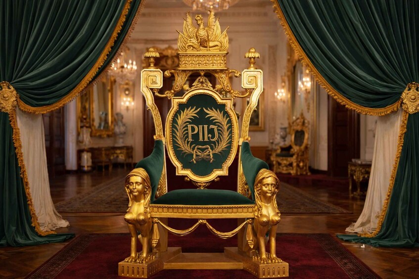 A luxurious throne with 'PILJ' inscribed, surrounded by ornate gold and green decor. 3