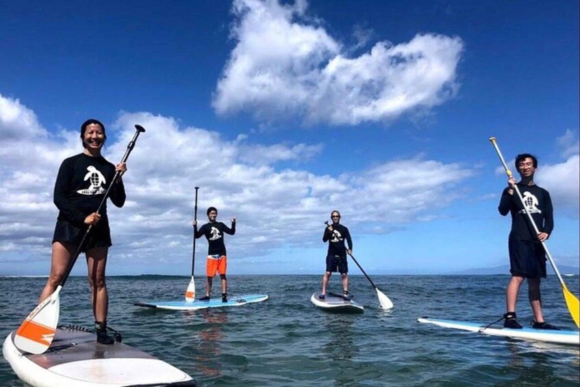 Four people paddleboarding on the ocean with a clear sky. 1