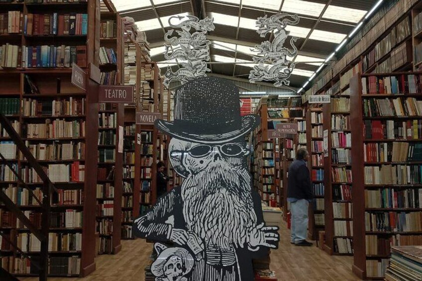 A library interior with bookshelves, a large owl sculpture, and a person browsing. 1