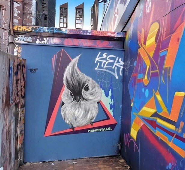 En vägg täckt av graffiti, med en illustration av en duva och ordet ”PIGMENTALS”. 3