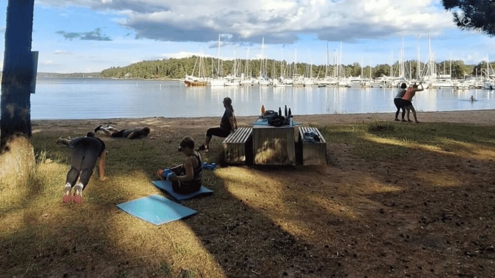 A lakeside scene with people exercising on mats, a picnic table, and sailboats in the background. 3
