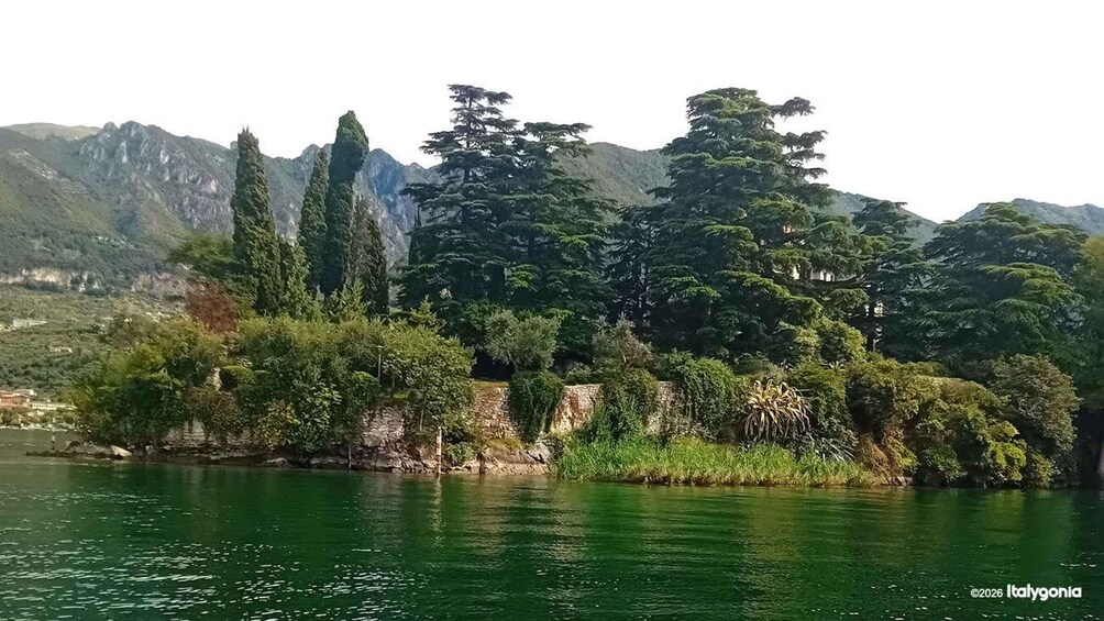 A river with a stone wall and trees, surrounded by mountains. 2