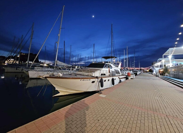 A marina at night with boats docked and a clear sky. 1