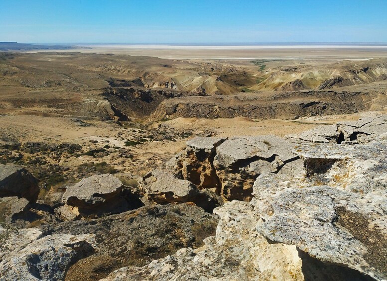 A rugged landscape with rocky outcrops and a vast, flat terrain extending to the horizon. 2