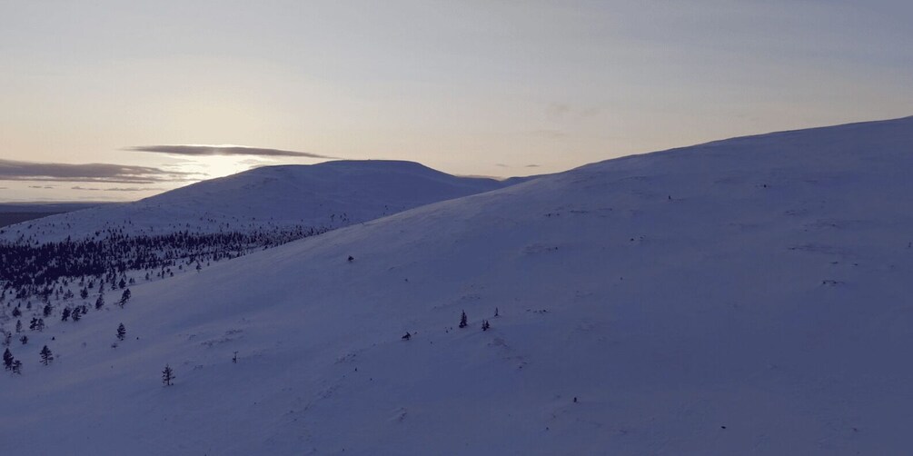 A snow-covered mountain slope with a forested area at the base and a clear sky. 3
