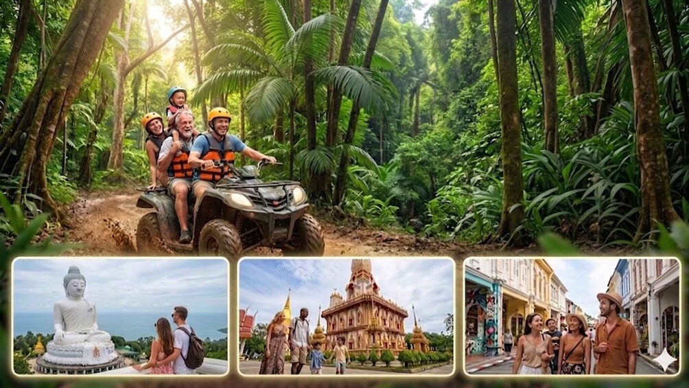 An off-road vehicle in a tropical forest, a large white Buddha statue, a traditional temple, and a street with people. 1