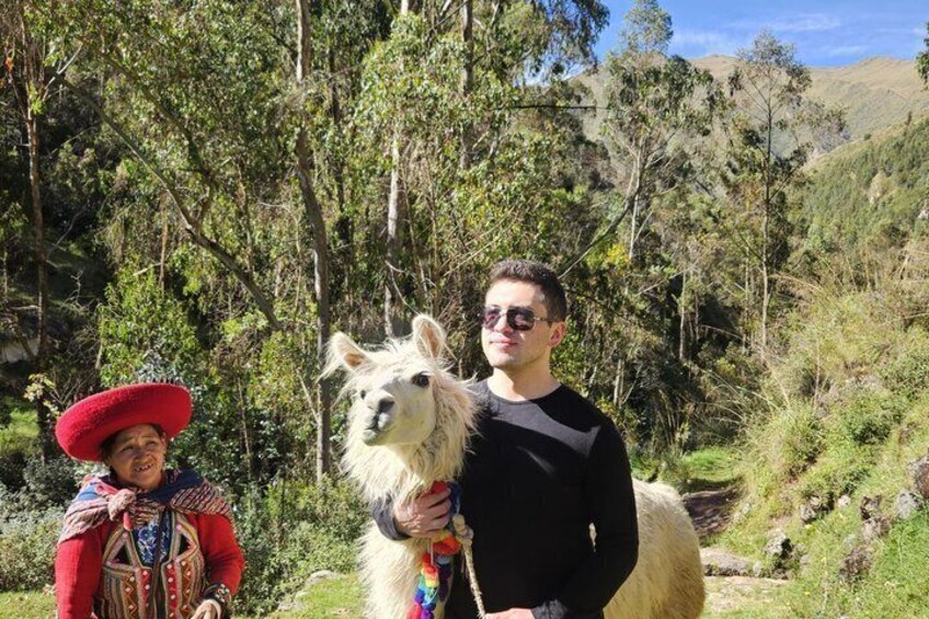A person in a red hat and traditional outfit with a white llama in a forested area. 1