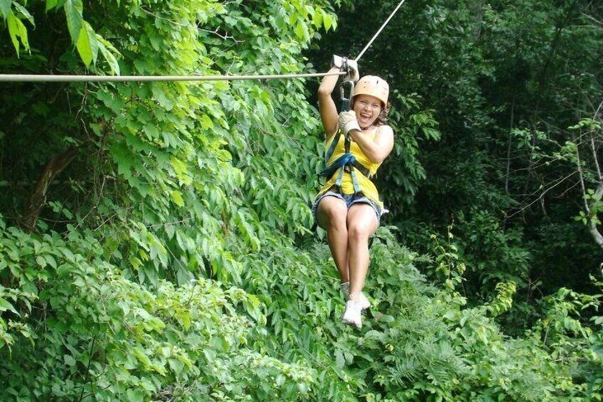 A person zip-lining through a dense forest. 1
