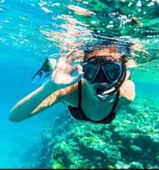 A person snorkeling underwater. 5