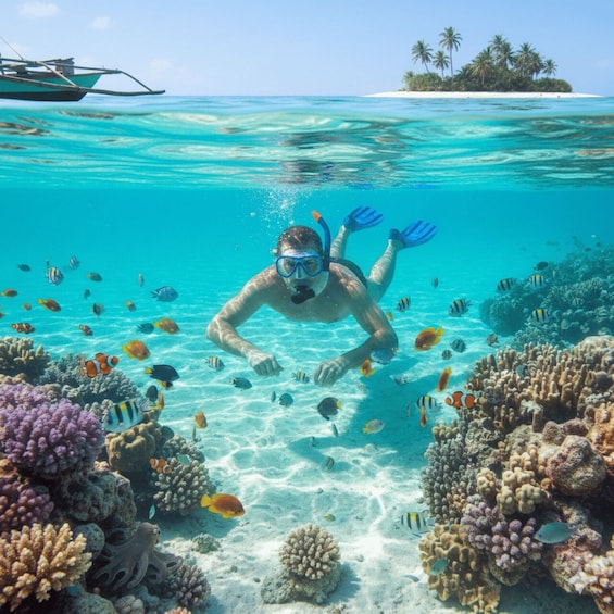 A person snorkeling near a coral reef with various fish and a boat in the background. 4