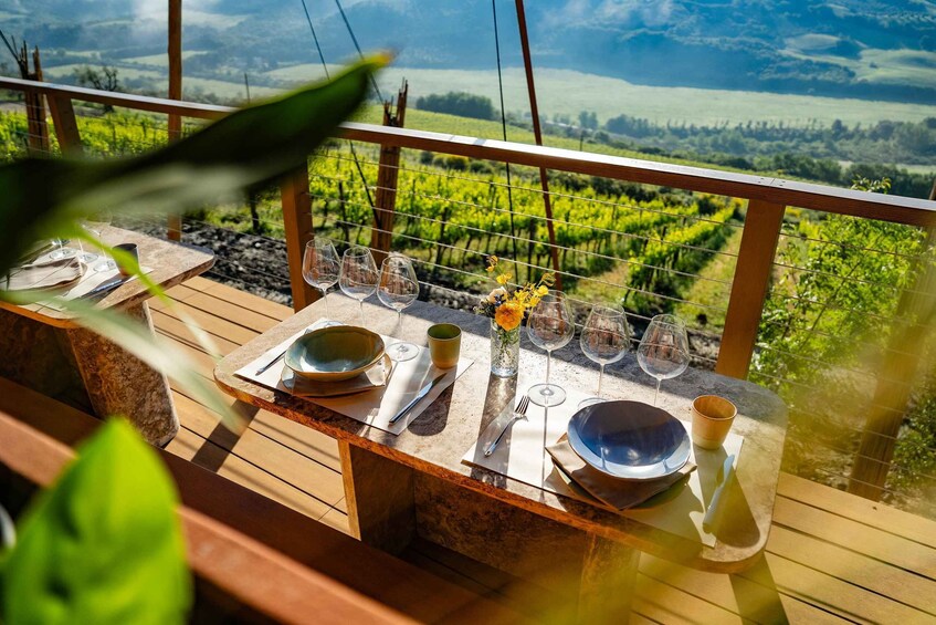 A table set for a meal with a vineyard view. 4
