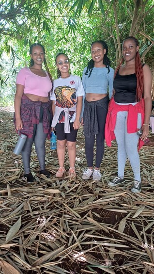 Four people standing on a bed of dry leaves with trees in the background. 2