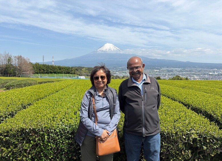 Two people standing in a tea plantation with a view of Mount Fuji in the background. 1