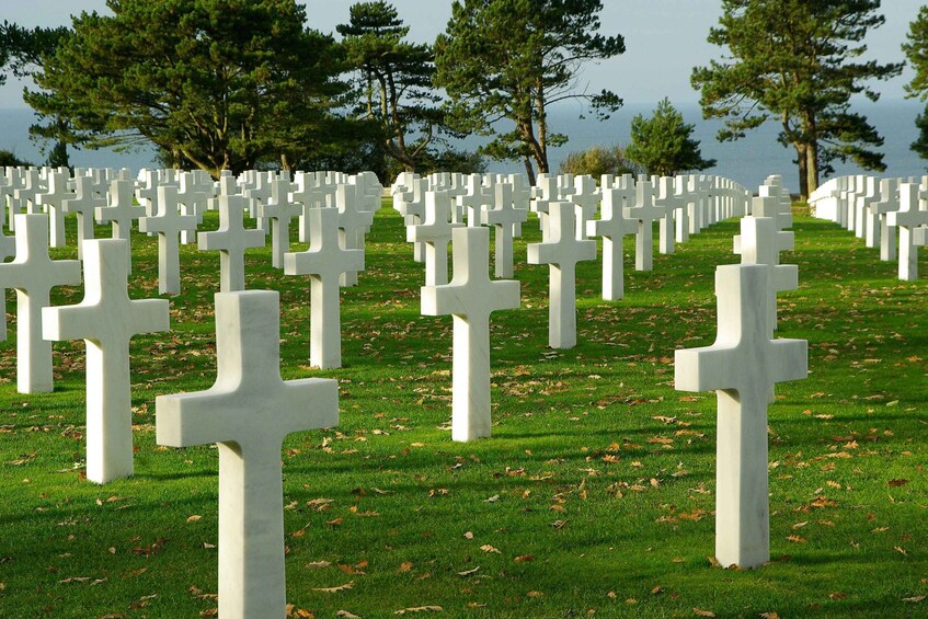 A cemetery with numerous white crosses. 1