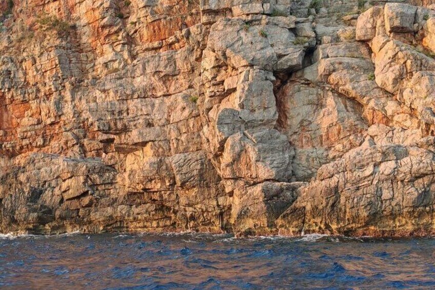 A rocky coastline with layered sedimentary rock formations. 4