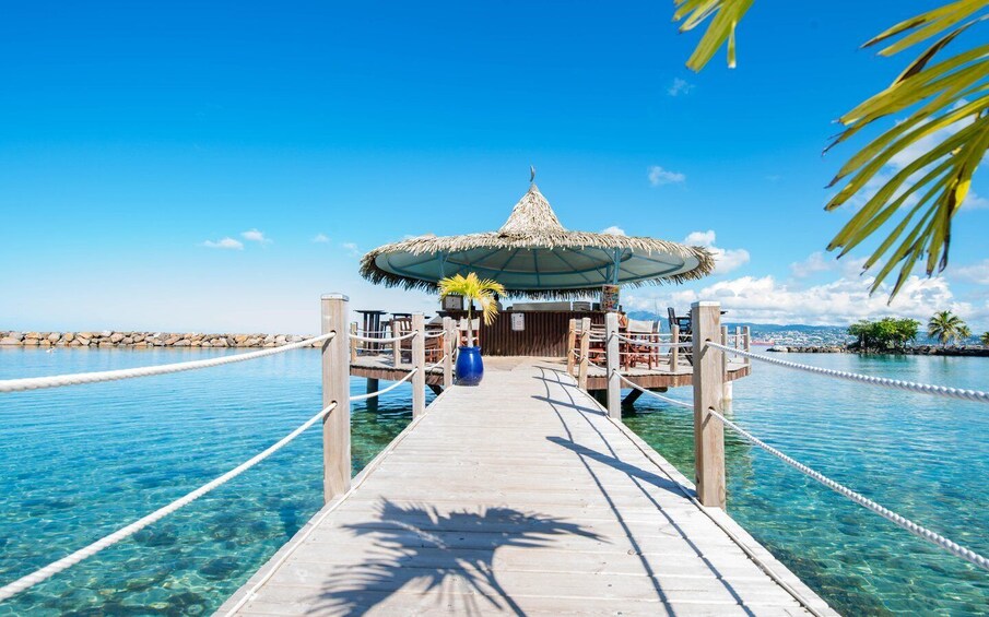 A wooden pier leading to a thatched-roof structure with a blue vase and yellow flowers, overlooking a clear blue sea. 4