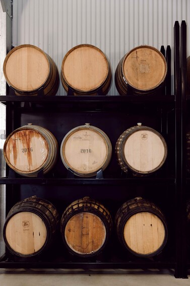 A rack of wooden barrels, some labeled with years like 2016. 2