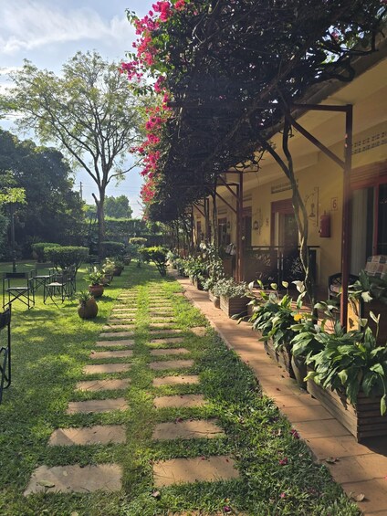 A garden pathway with stepping stones, surrounded by lush greenery and flowering plants. 1
