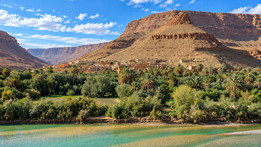 A desert landscape with a village nestled among hills, palm trees, and a river. 2
