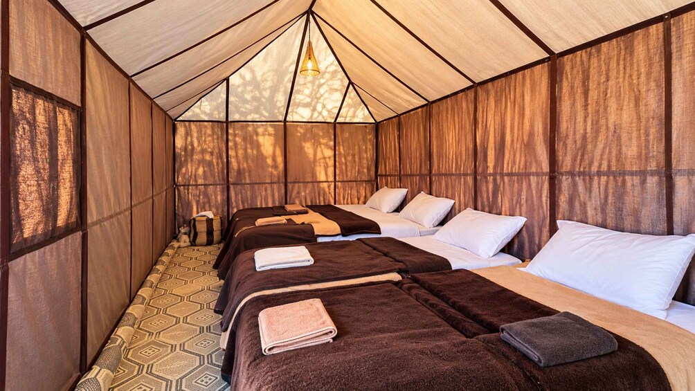 A tented accommodation with three beds, each with a brown blanket and white pillows. 3