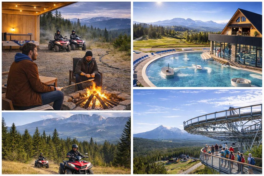 A wooden cabin, a swimming pool, a mountain view, and a cable car. 1
