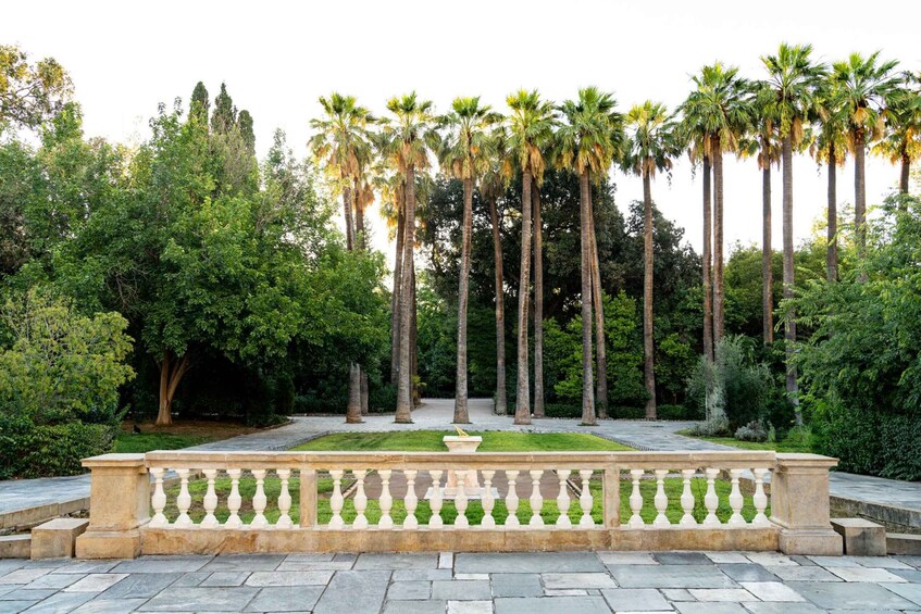 A formal garden with a symmetrical layout, featuring a central pathway, palm trees, and neatly trimmed hedges. 3