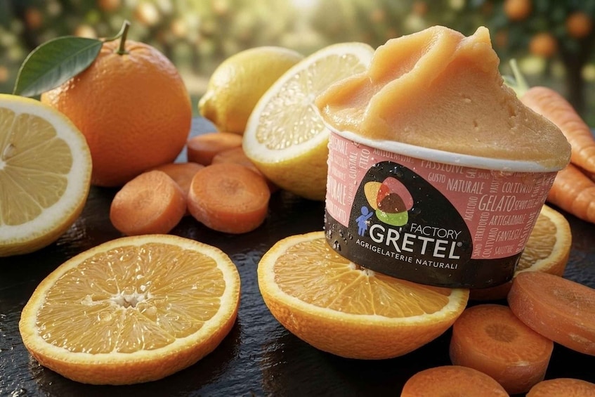 A container of gelato with a label, surrounded by citrus fruits. 1