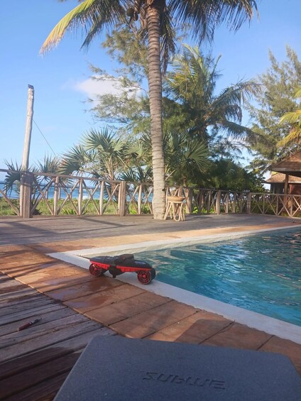 A poolside with a skateboard, palm trees, and a wooden deck. 3