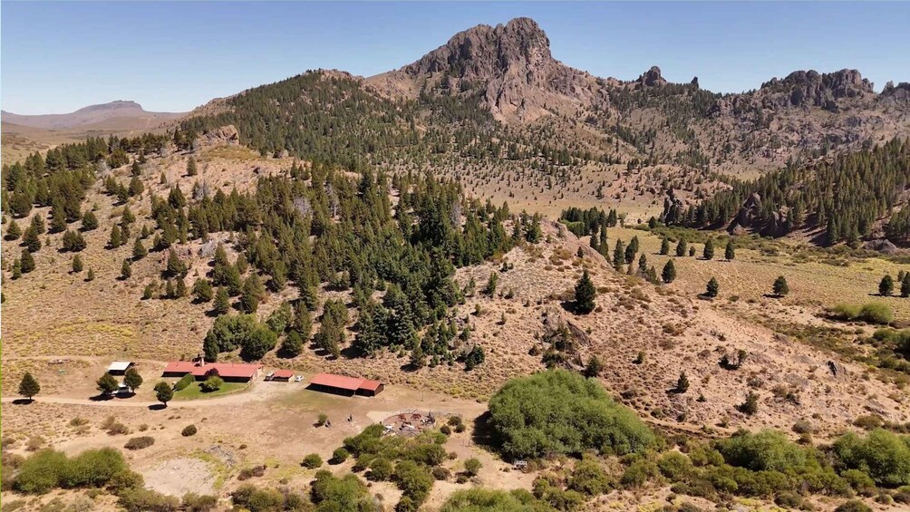 A mountainous landscape with scattered trees and a small building with a red roof. 3