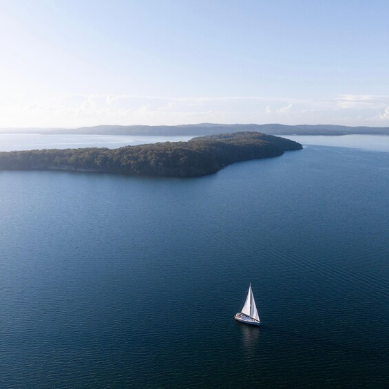 A sailboat on a calm body of water with a forested island in the distance. 5