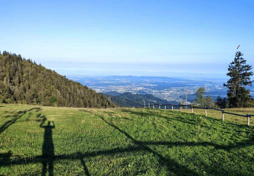 A grassy hillside with a fence, a shadow of a person, and a distant view of a valley and mountains. 2
