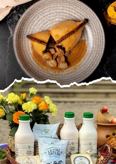 A plate of food, a basket of flowers, and dairy products. 2