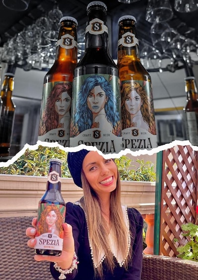 A person holding a bottle of Spezia beer with three bottles in the background. 4