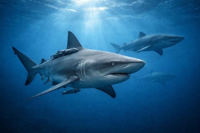 A shark swimming underwater with sunlight filtering through the water. 2