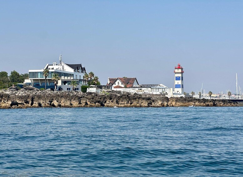 A coastal town with a prominent lighthouse, rocky shoreline, and modern buildings. 2